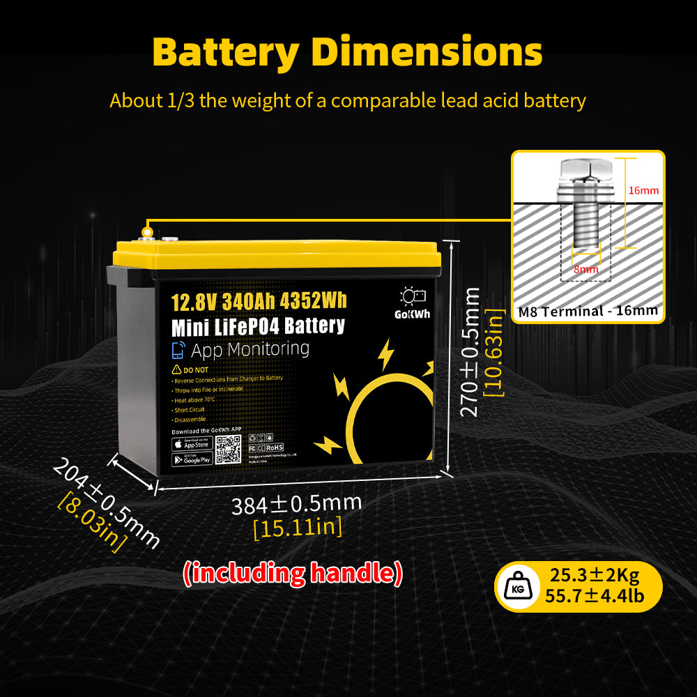 12V 340Ah Mini Built in 200A Bluetooth BMS LiFePO4 Battery