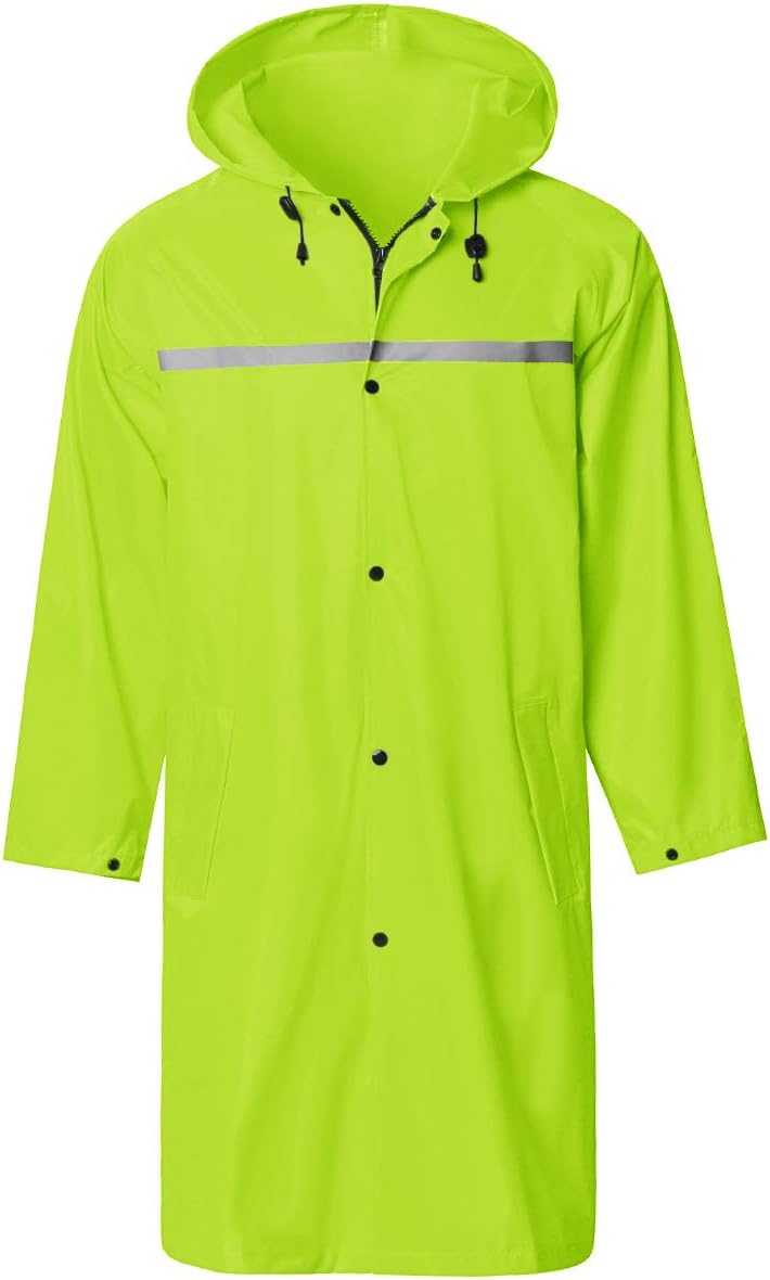 Men's Waterproof Long Hooded Rain Jacket - Safety Poncho with Reflective Strips
