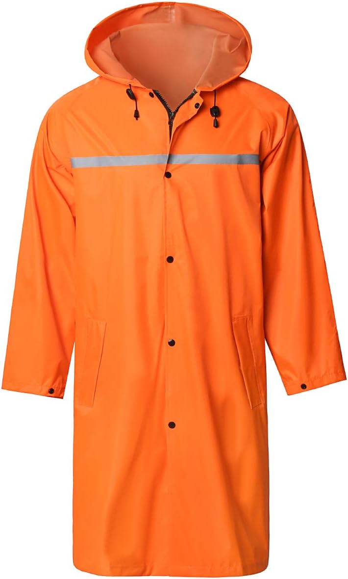 Men's Waterproof Long Hooded Rain Jacket - Safety Poncho with Reflective Strips