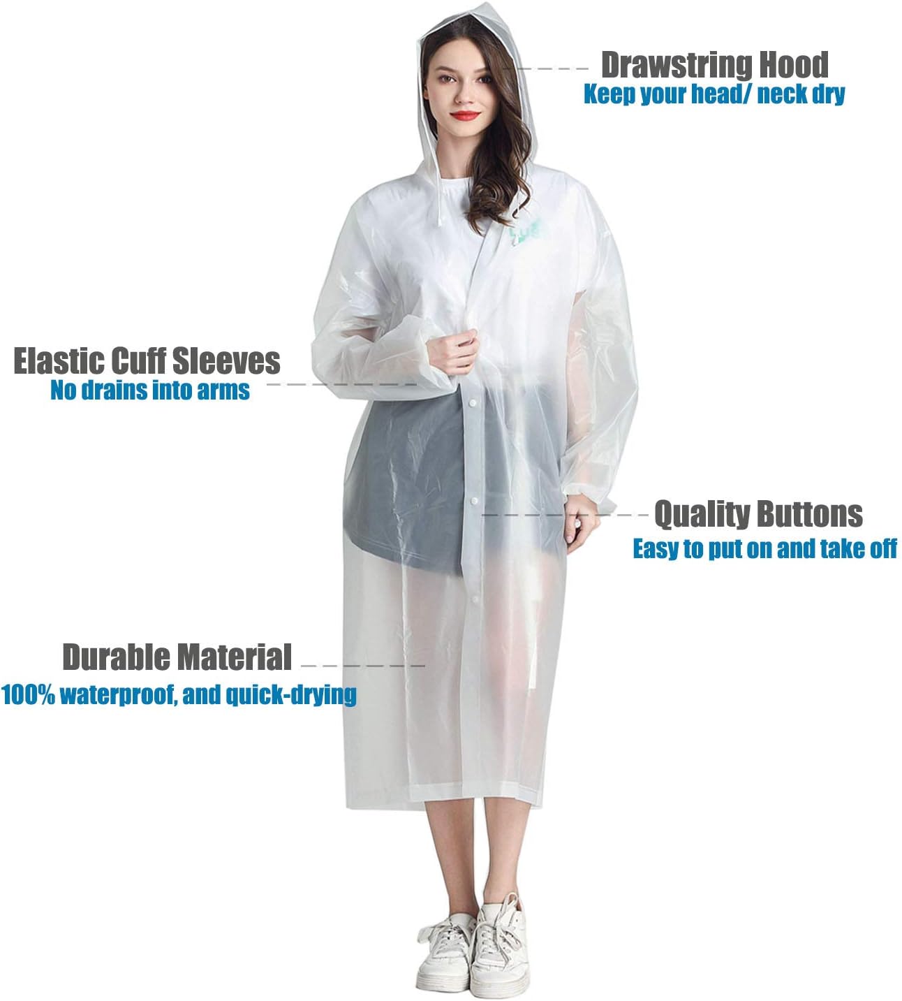 Regenmantel, 2er-Pack, wiederverwendbare Regenponchos, tragbare EVA-Regenmäntel, verstaubare Regenjacken mit Kapuze und Kordelzug
