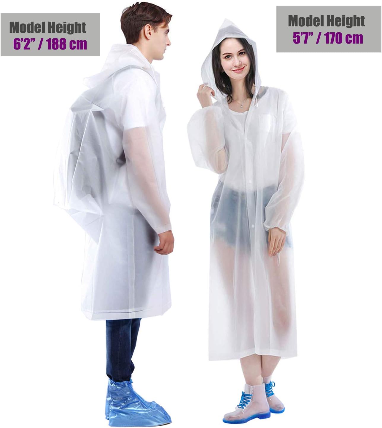 Regenmantel, 2er-Pack, wiederverwendbare Regenponchos, tragbare EVA-Regenmäntel, verstaubare Regenjacken mit Kapuze und Kordelzug