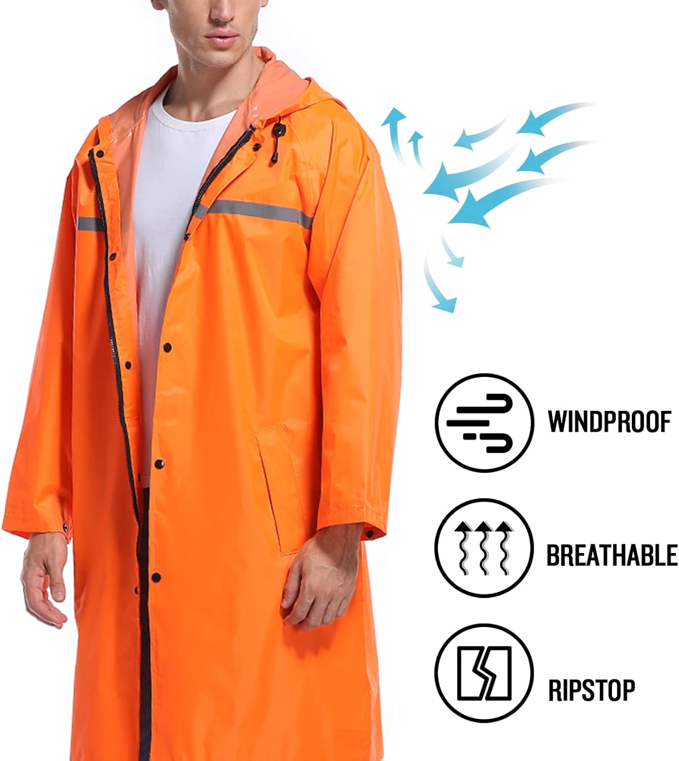 Men's Waterproof Long Hooded Rain Jacket - Safety Poncho with Reflective Strips