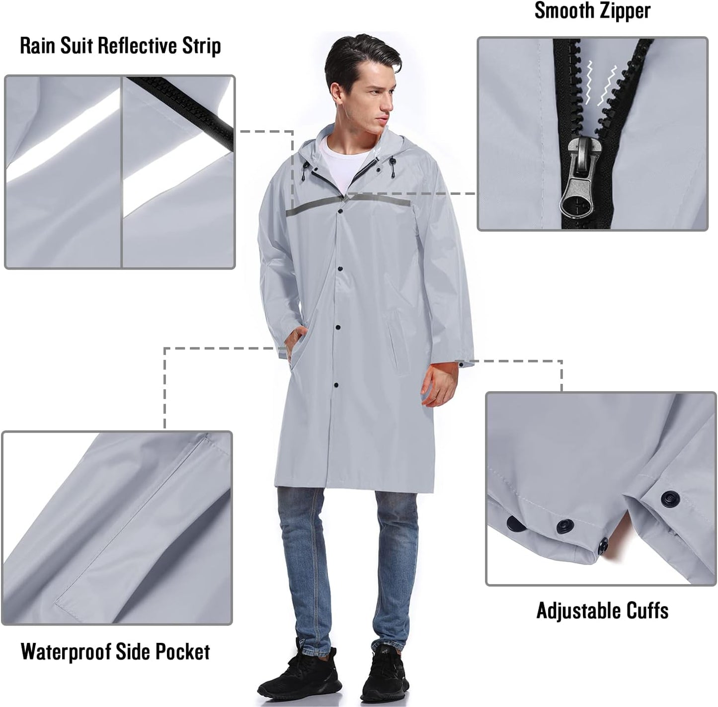 Men's Waterproof Long Hooded Rain Jacket - Safety Poncho with Reflective Strips