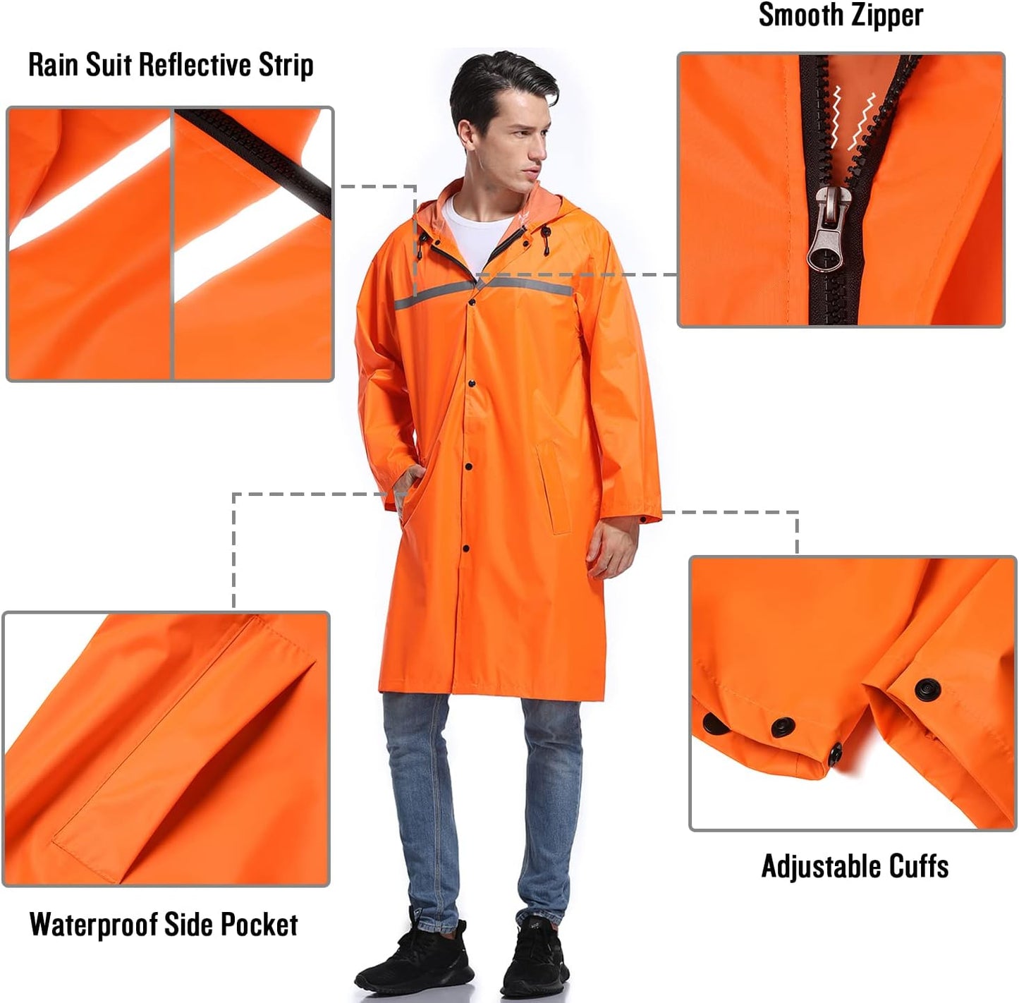 Men's Waterproof Long Hooded Rain Jacket - Safety Poncho with Reflective Strips