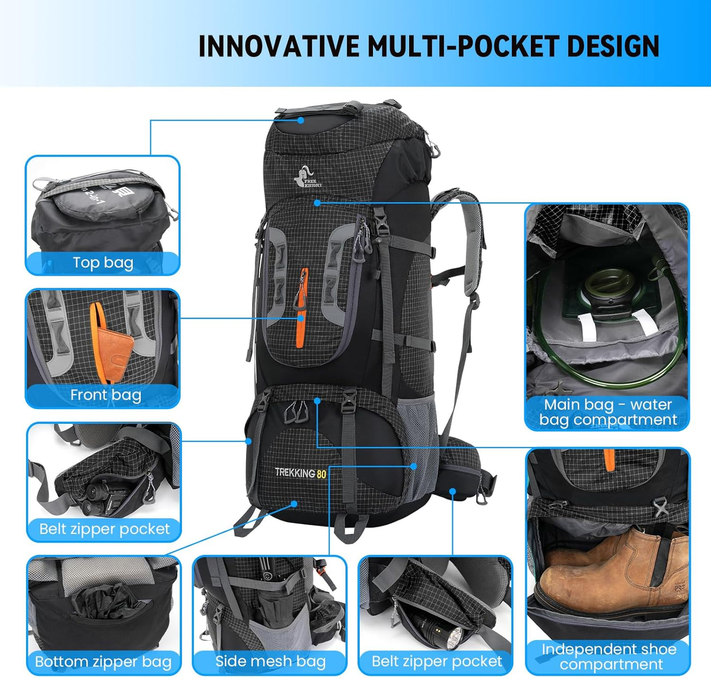 80L Waterproof Hiking Backpack with Rain Cover