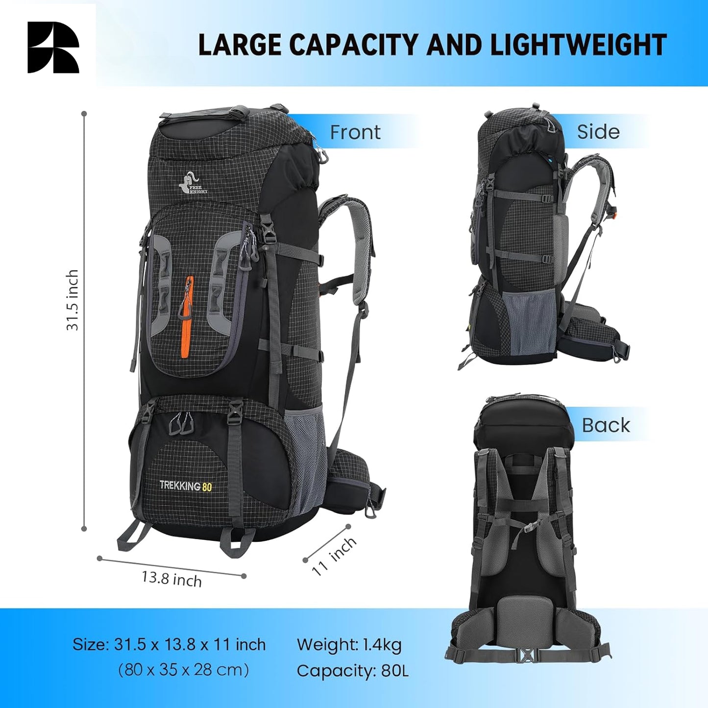 80L Waterproof Hiking Backpack with Rain Cover