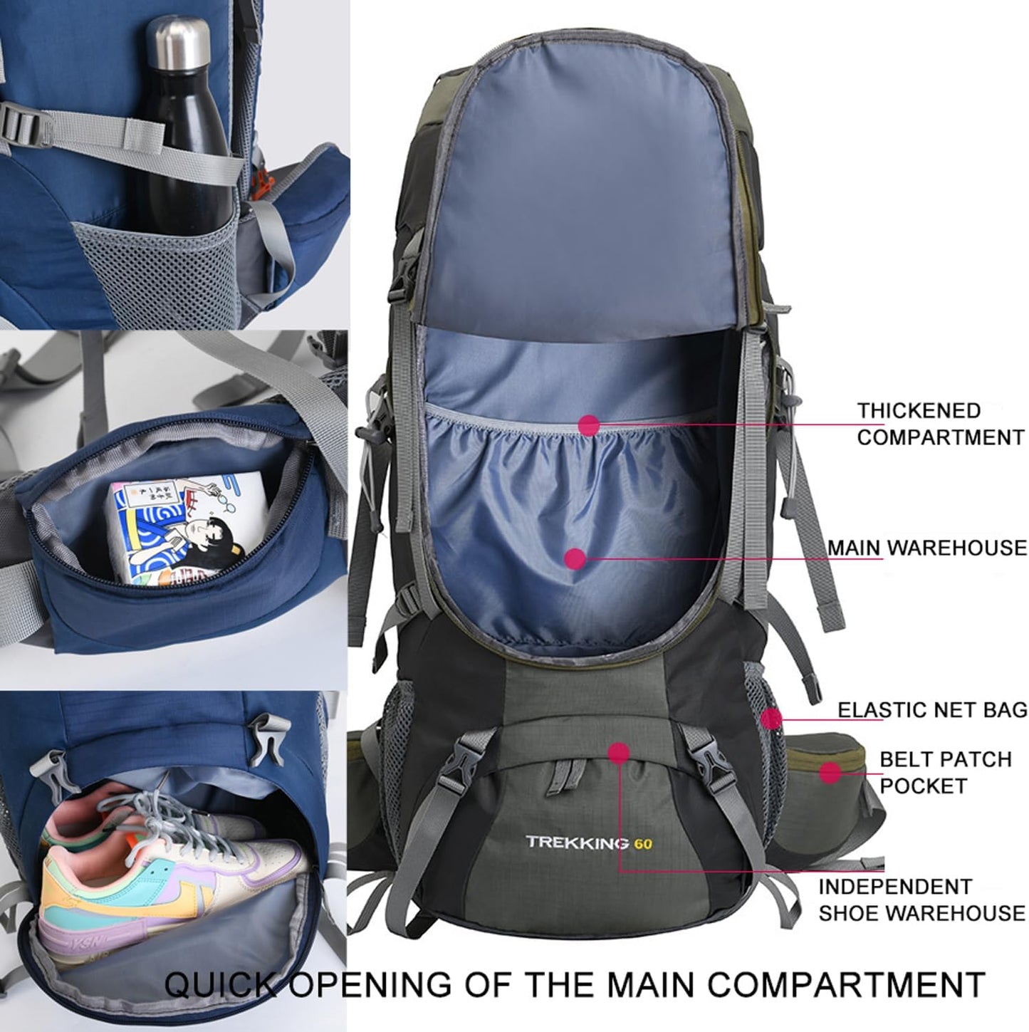 60L Waterproof Hiking Backpack with Rain Cover - Lightweight Outdoor Adventure Pack