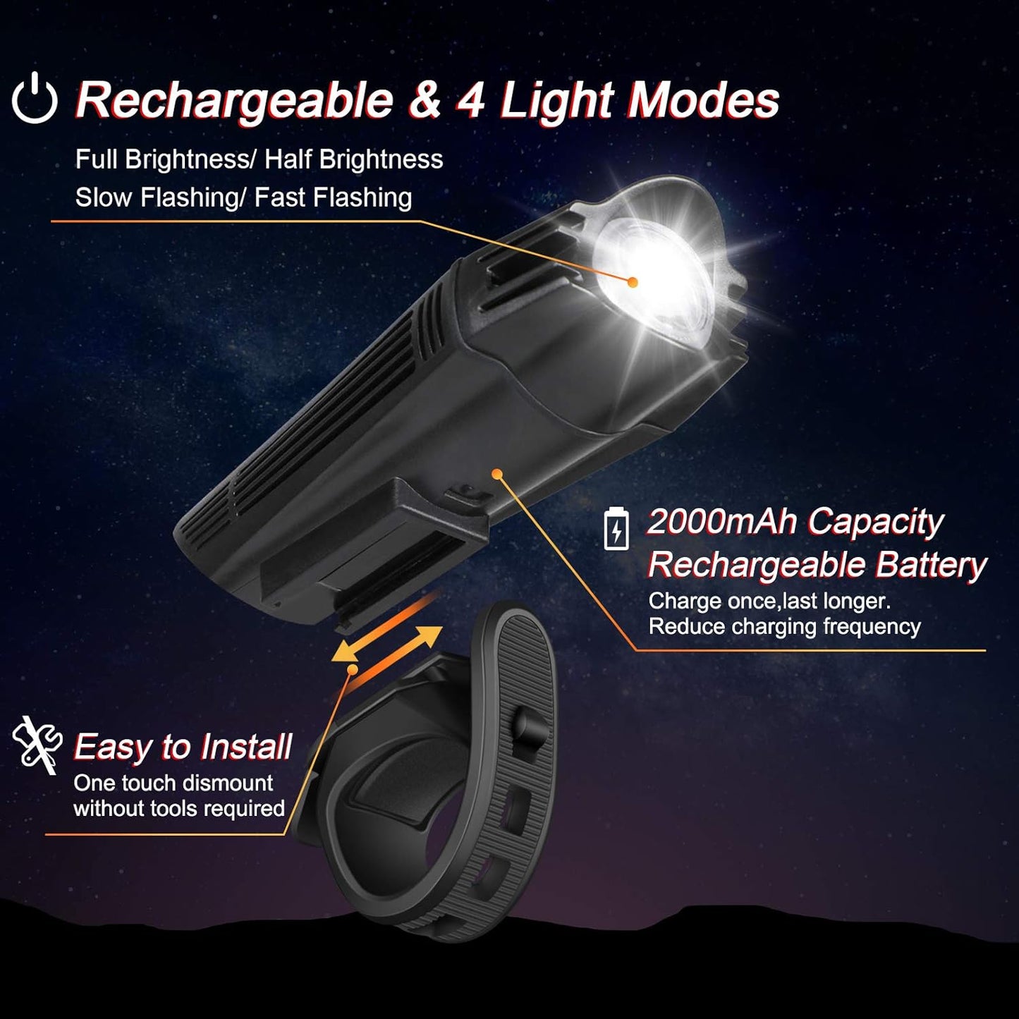USB Rechargeable Bike Lights 4 Modes, Easy Install Black