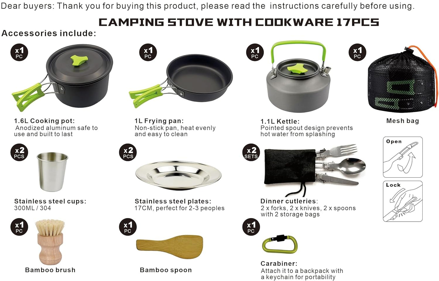 PELLOR Camping Cookware Mess Kit 17 PCS, Non-Stick Lightweight Outdoor Camping Pot Pan Set with Stainless Steel Cups Plates Forks Knives Spoons for Camping Hiking Picnic, Backpacking, Outdoor Cooking