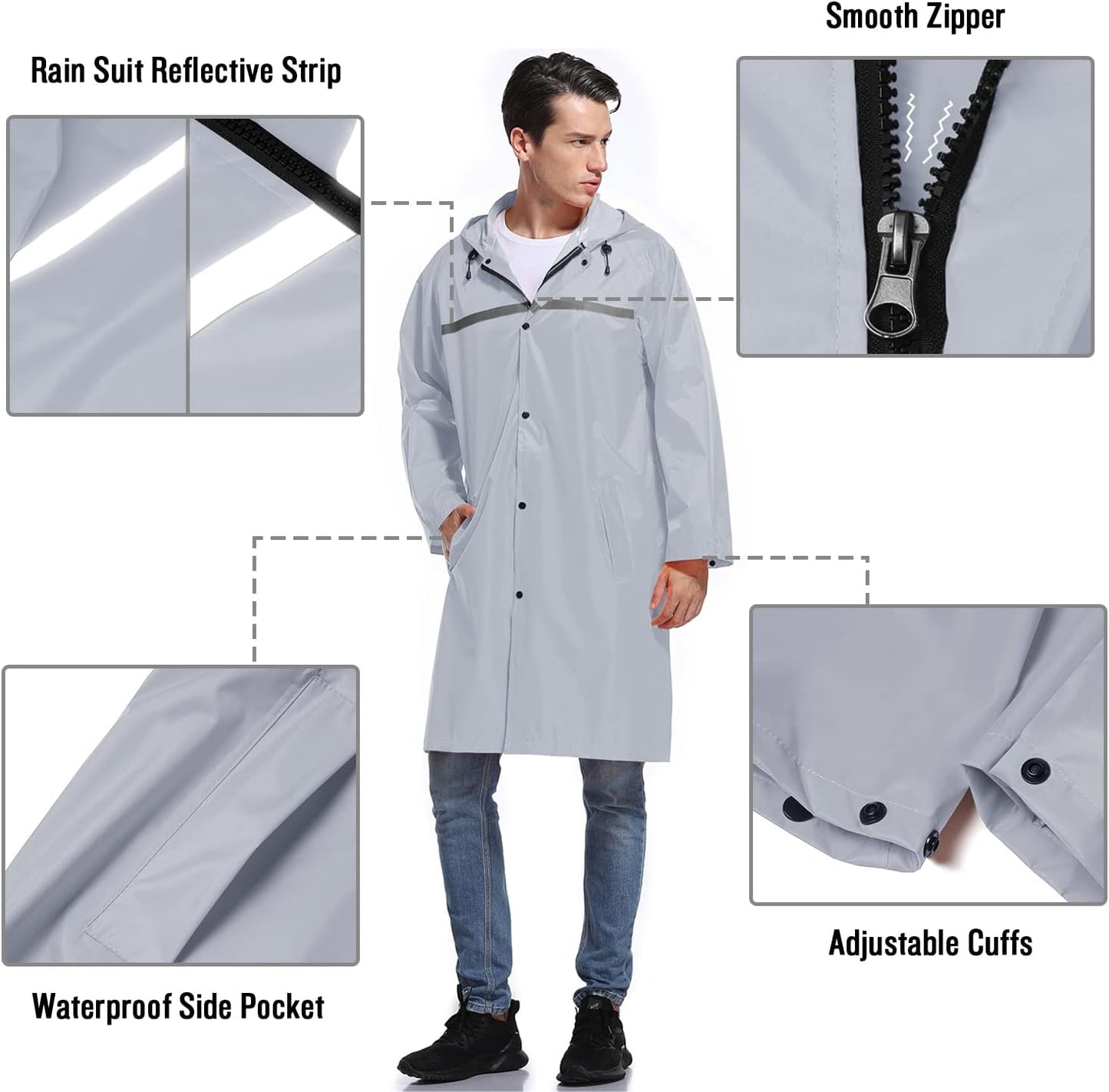 Mens Long Hooded Safety Rain Jacket Waterproof Emergency Raincoat Poncho