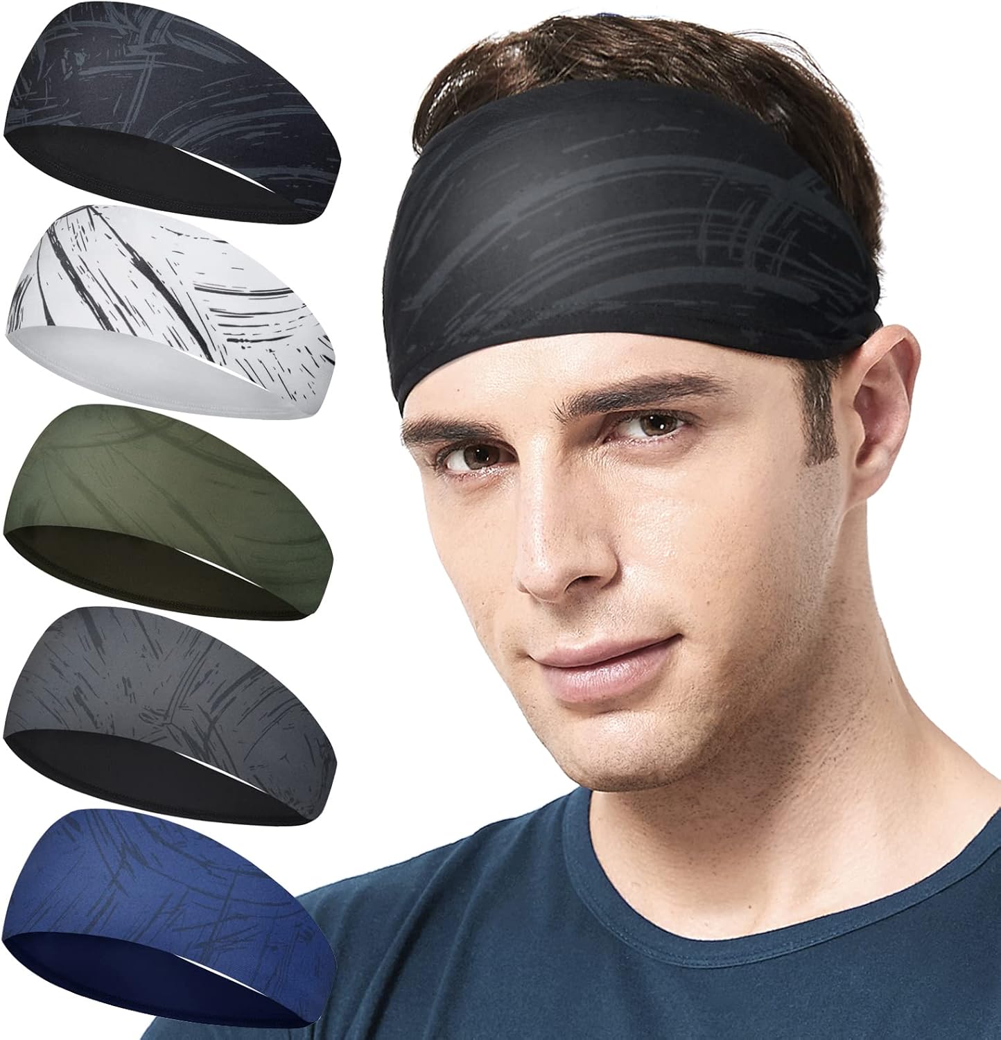 Mens Running Headband,5Pack,Mens Sweatband Sports Headband for Running,Cycling,Basketball,Yoga,Fitness Workout Stretchy Unisex Hairband