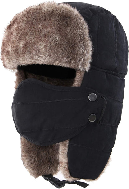 Men's Trooper Trapper Hat - Removable Mask & Earflaps - Faux Fur