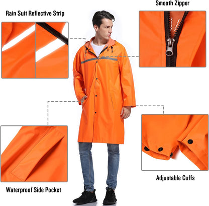 Mens Long Hooded Safety Rain Jacket Waterproof Emergency Raincoat Poncho