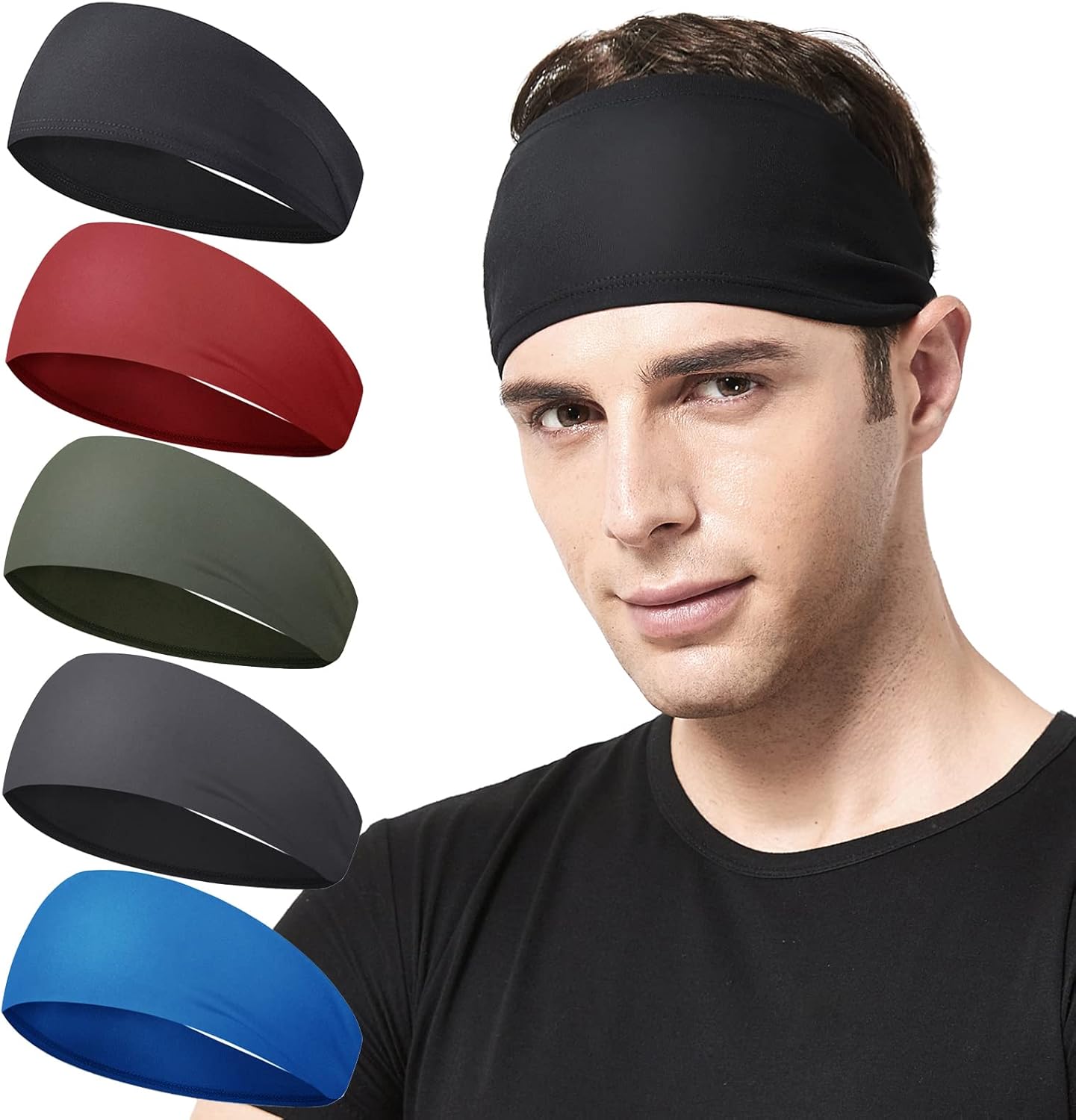 Mens Running Headband,5Pack,Mens Sweatband Sports Headband for Running,Cycling,Basketball,Yoga,Fitness Workout Stretchy Unisex Hairband