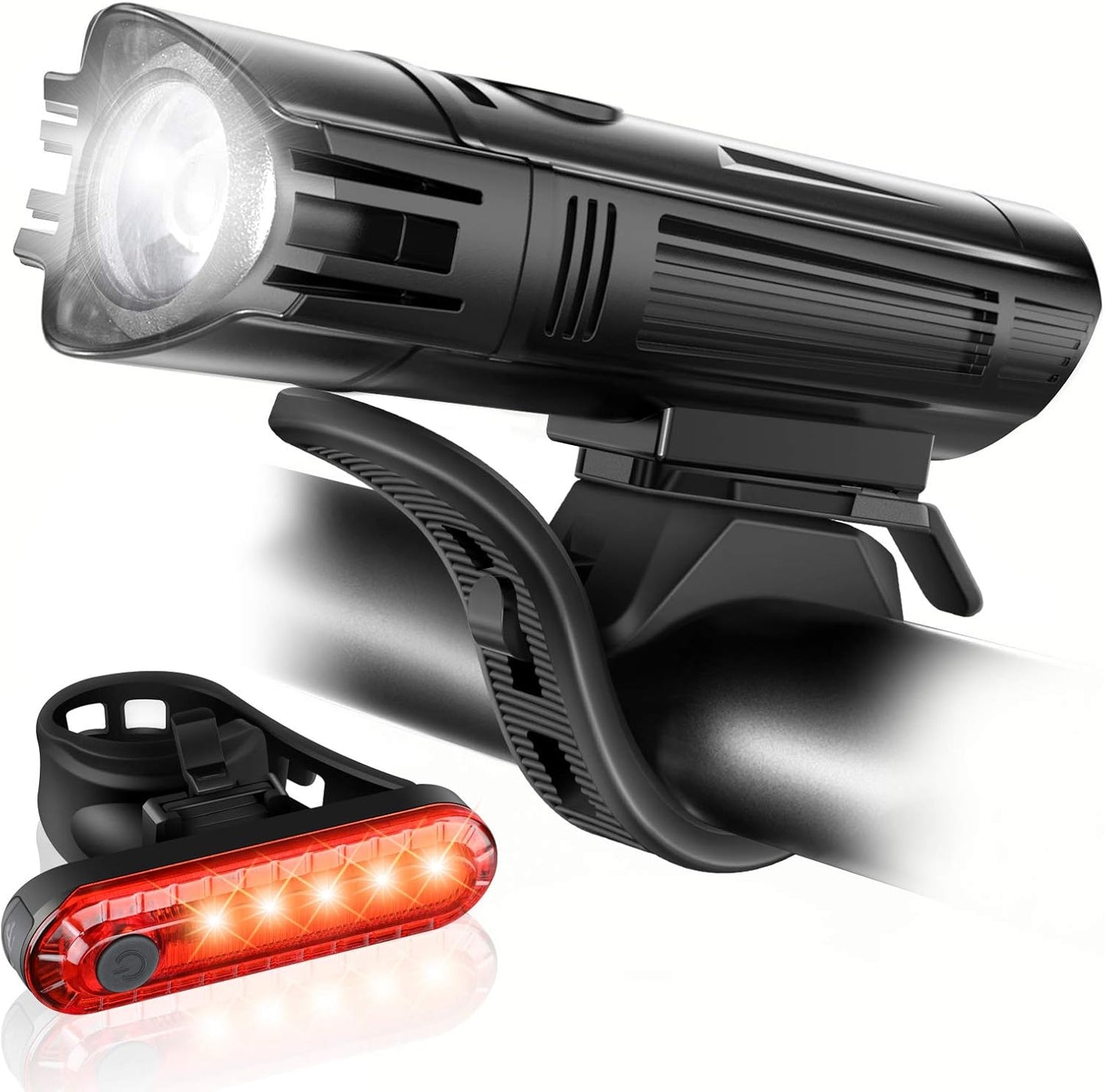 Ultra Bright USB Rechargeable Bike Light Set, Powerful Bicycle Front Headlight and Back Taillight, 4 Light Modes, Easy to Install for Men Women Kids Road Mountain Cycling Black