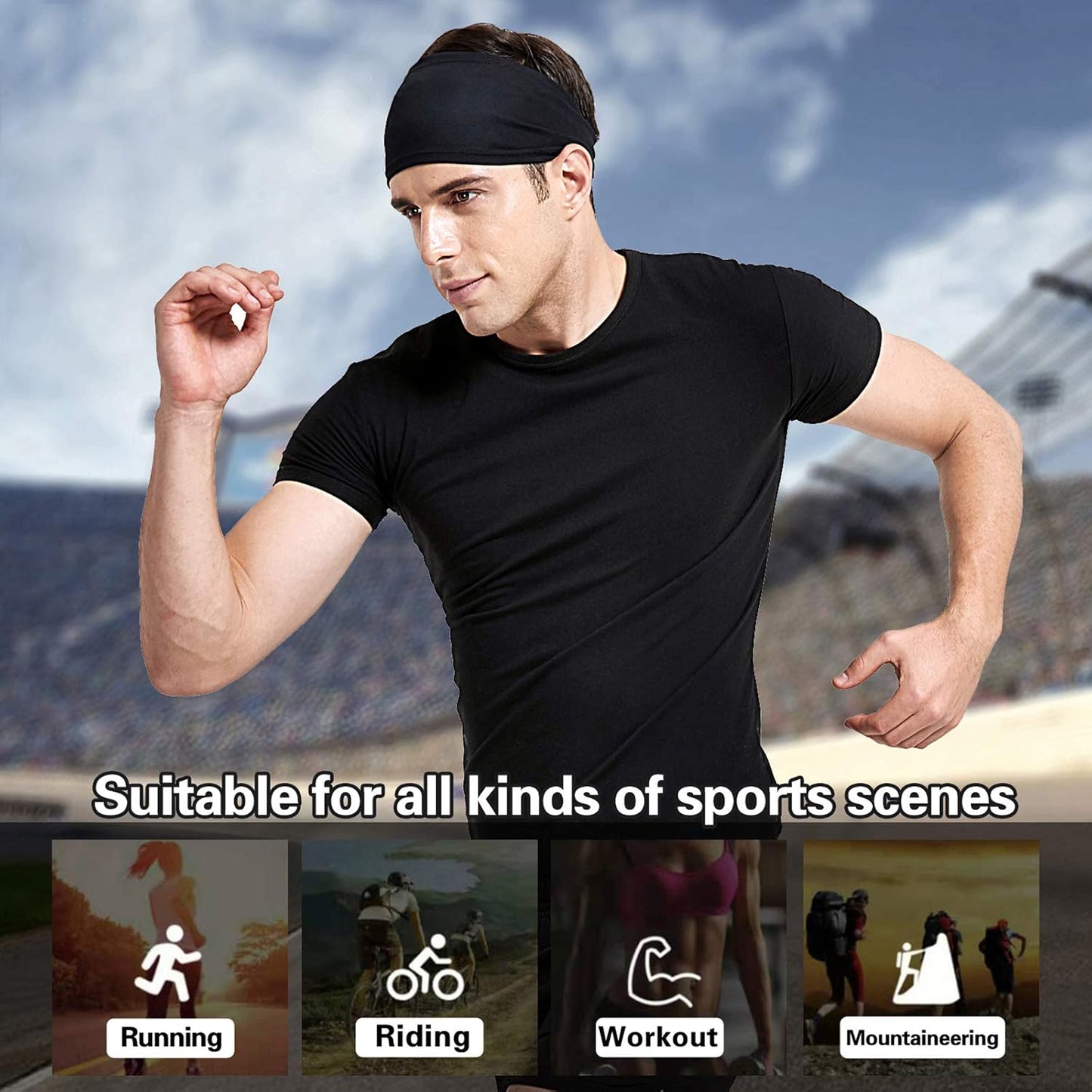 Mens Running Headband,5Pack,Mens Sweatband Sports Headband for Running,Cycling,Basketball,Yoga,Fitness Workout Stretchy Unisex Hairband