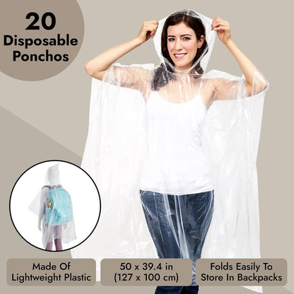 20 Pack Disposable Rain Ponchos for Adults - Emergency Ponchos with Hood Family Pack, Individually Wrapped Raincoats, Clear Plastic for Rain and Water Protection, One Size Fits All