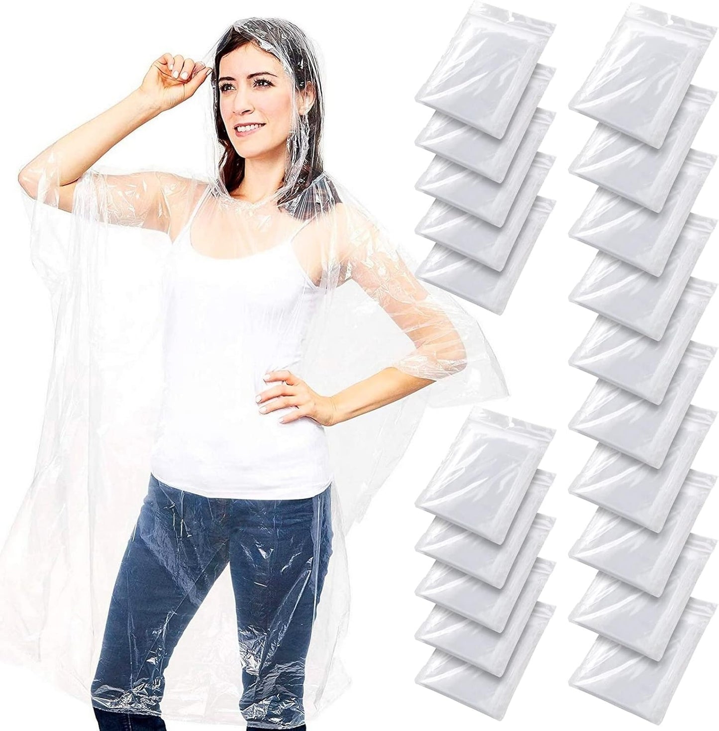 20 Pack Disposable Rain Ponchos for Adults - Emergency Ponchos with Hood Family Pack, Individually Wrapped Raincoats, Clear Plastic for Rain and Water Protection, One Size Fits All