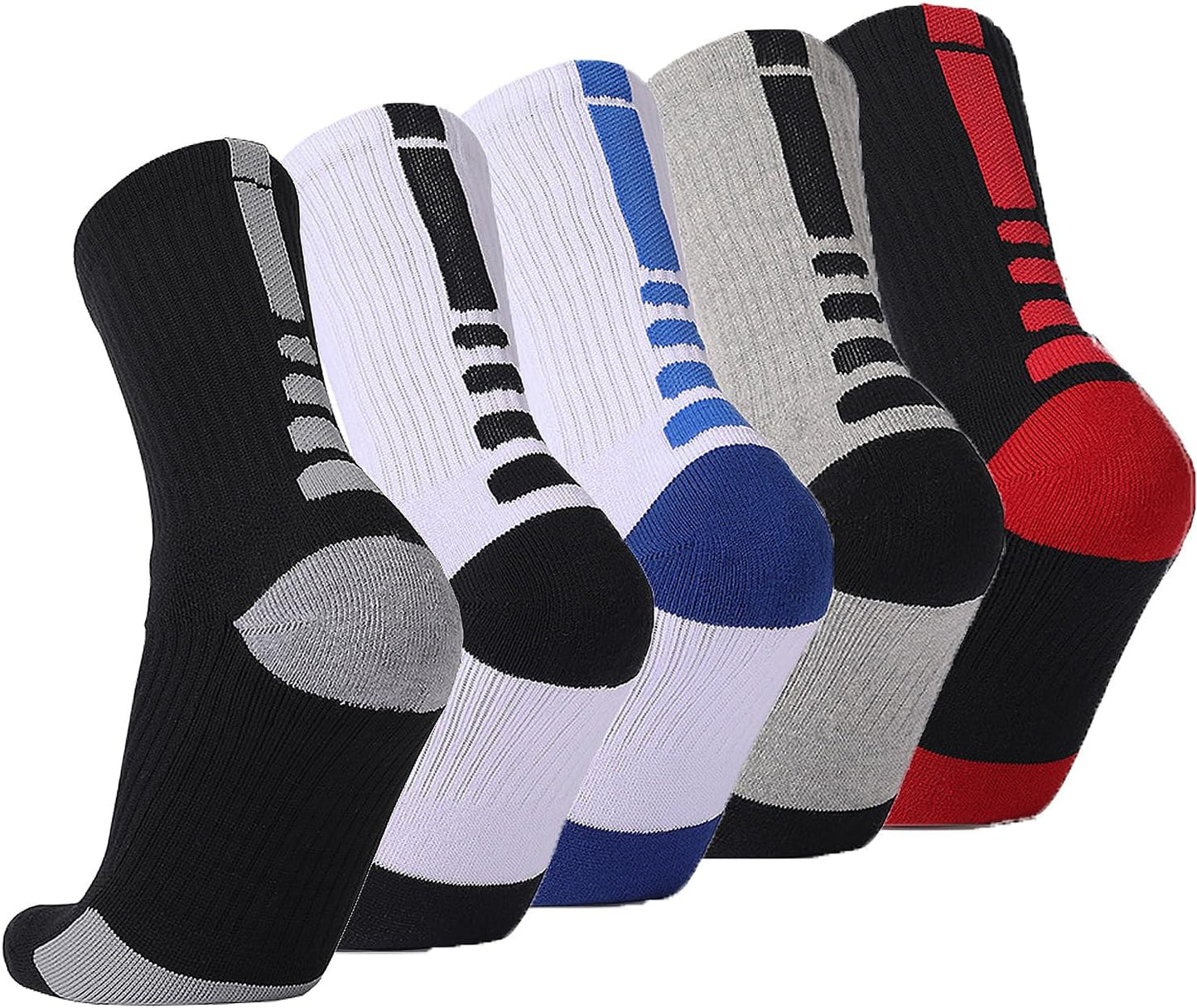 5 Pairs Mens Athletic Crew Socks Elite Basketball Sport Cushioned Long Compression Sock,6.5-11.5