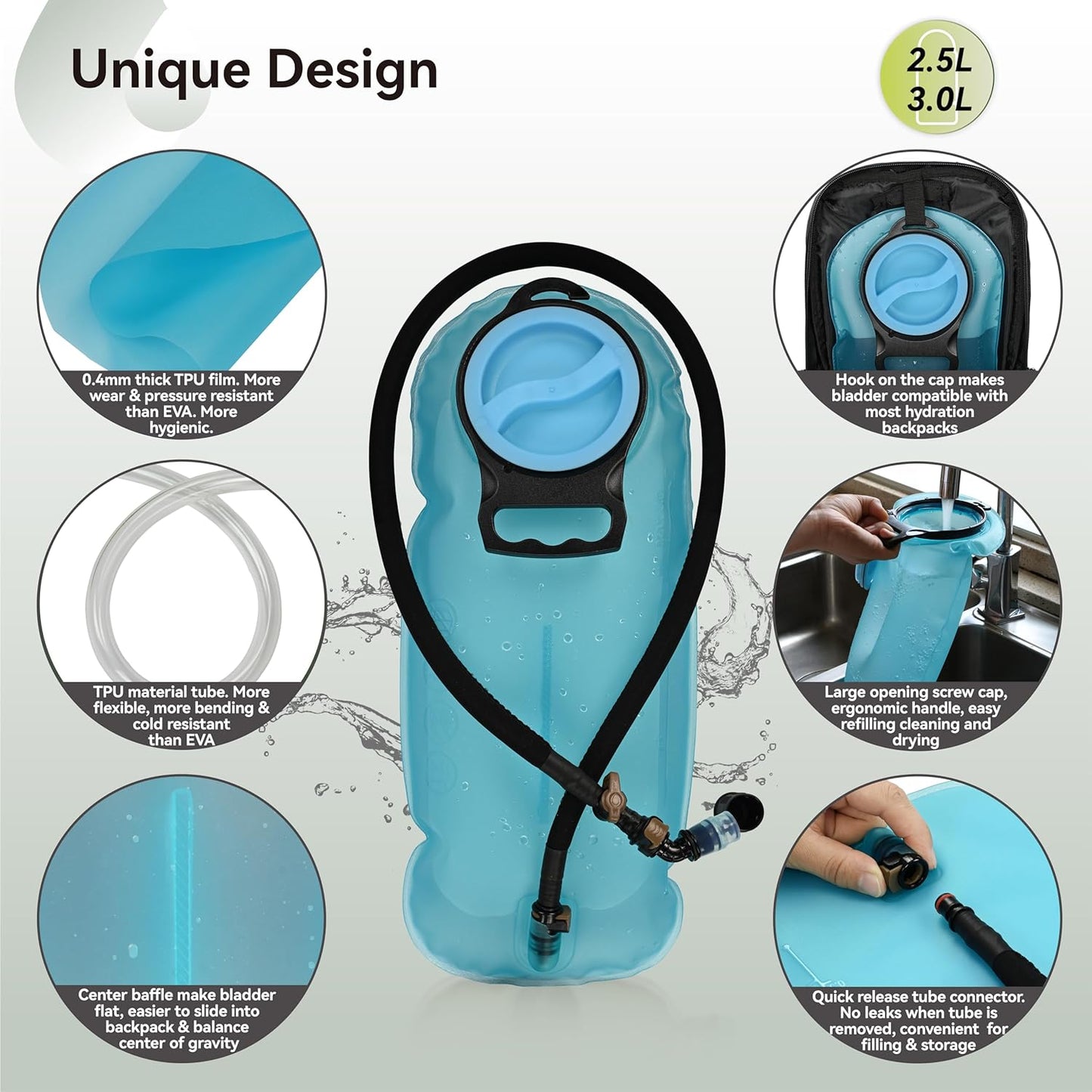 2L/2.5L/3L TPU Hydration Bladder, Tasteless BPA Free Water Reservoir Bag with Insulated Tube for Hydration Pack for Cycling, Hiking, Running, Climbing, Biking