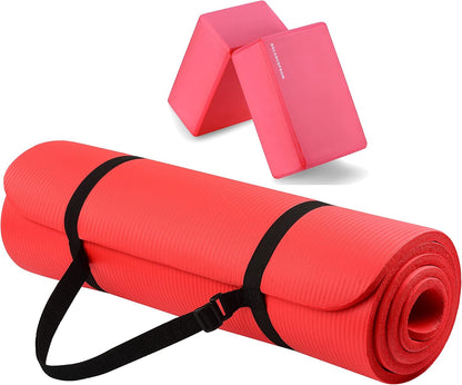 All Purpose 1/2-Inch Extra Thick High Density Anti-Tear Exercise Yoga Mat with Carrying Strap with Optional Yoga Blocks, Multiple Colors